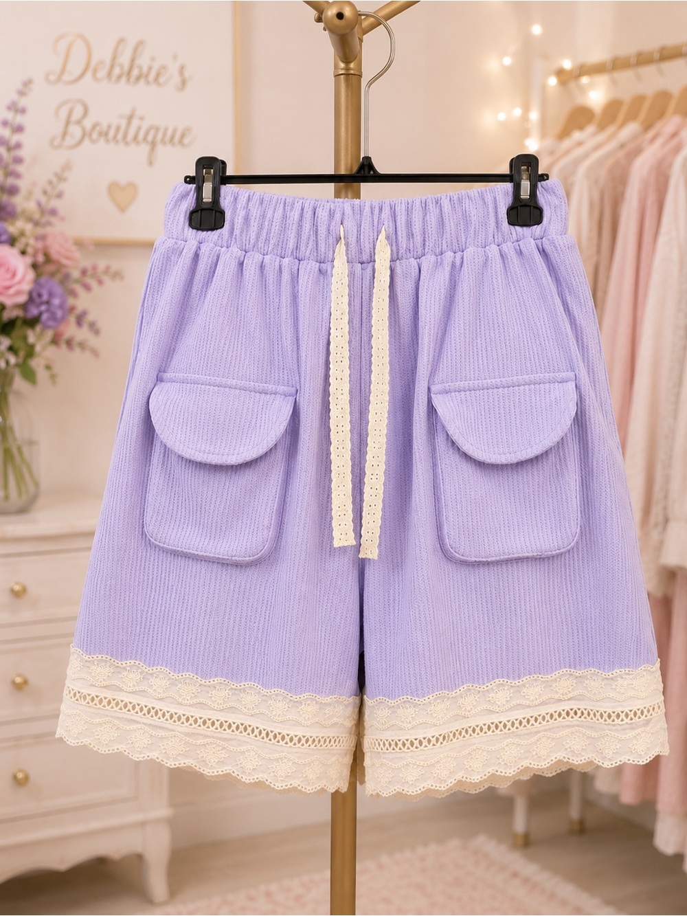 NEW POL Lavender Waffle Knit Lace Trim Shorts S Boho Cottagecore Pockets